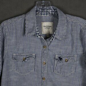 Vintage Abercrombie and Fitch Top Womens Large Blue Striped Oxford Cotton Y2K